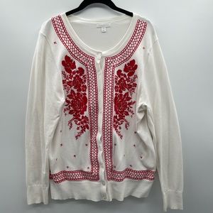Charter Club white with red embroidered front button cardigan